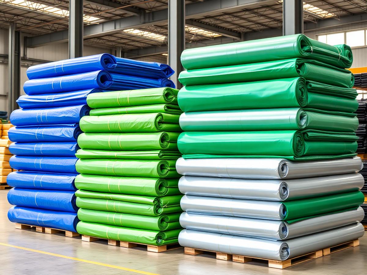 HDPE tarpaulin fabric rolls stacked in the warehouse