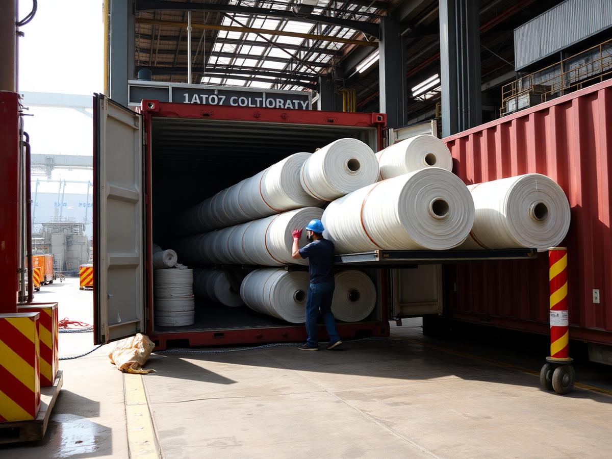 Loading fabric rolls into an export container